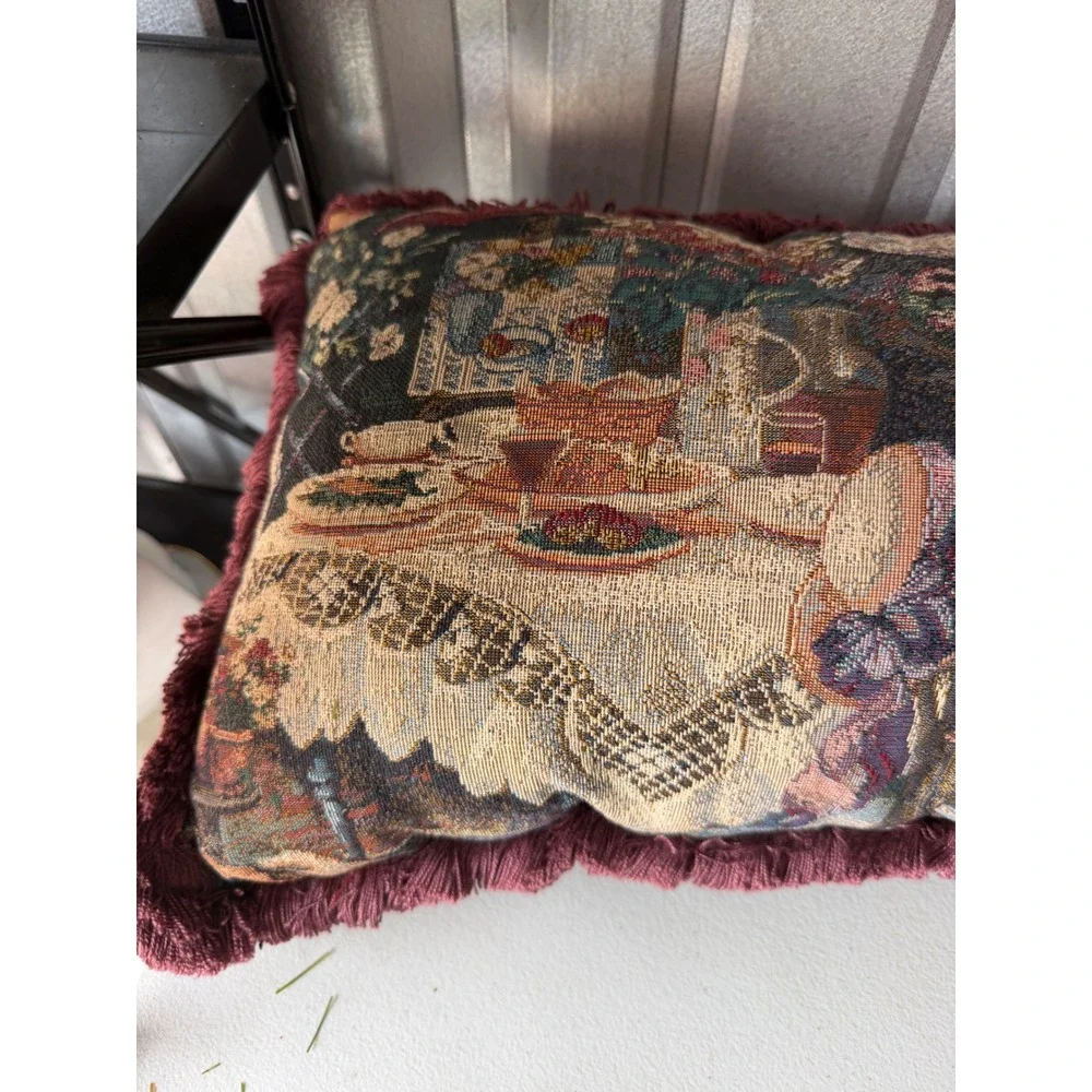 Vintage Woven Tapestry Garden Tea Party Throw Pillow Fringe Trim Made in USA